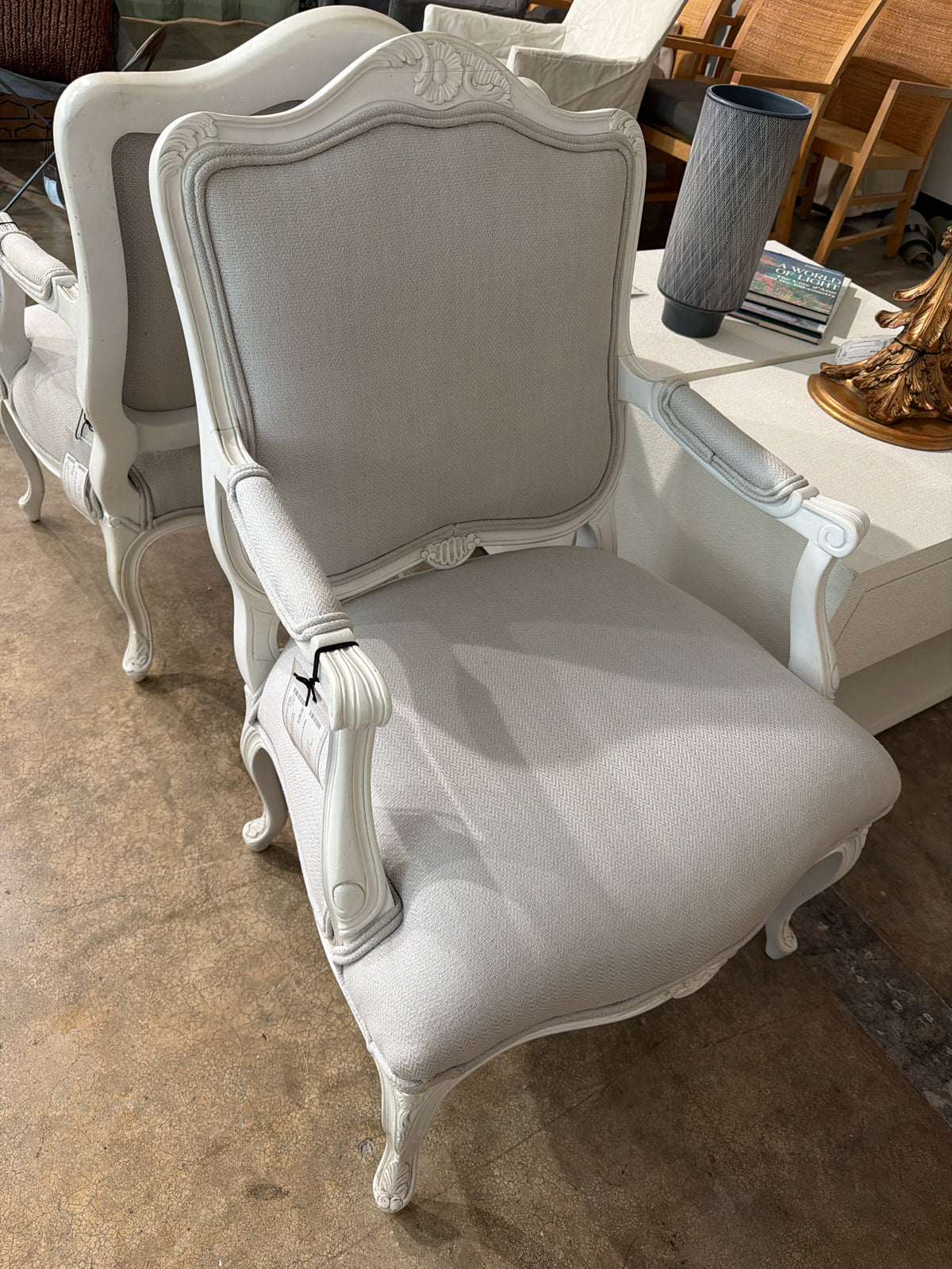 White Bergere Chair w/ Gray Upholstery 38"Hx25"Wx20"D