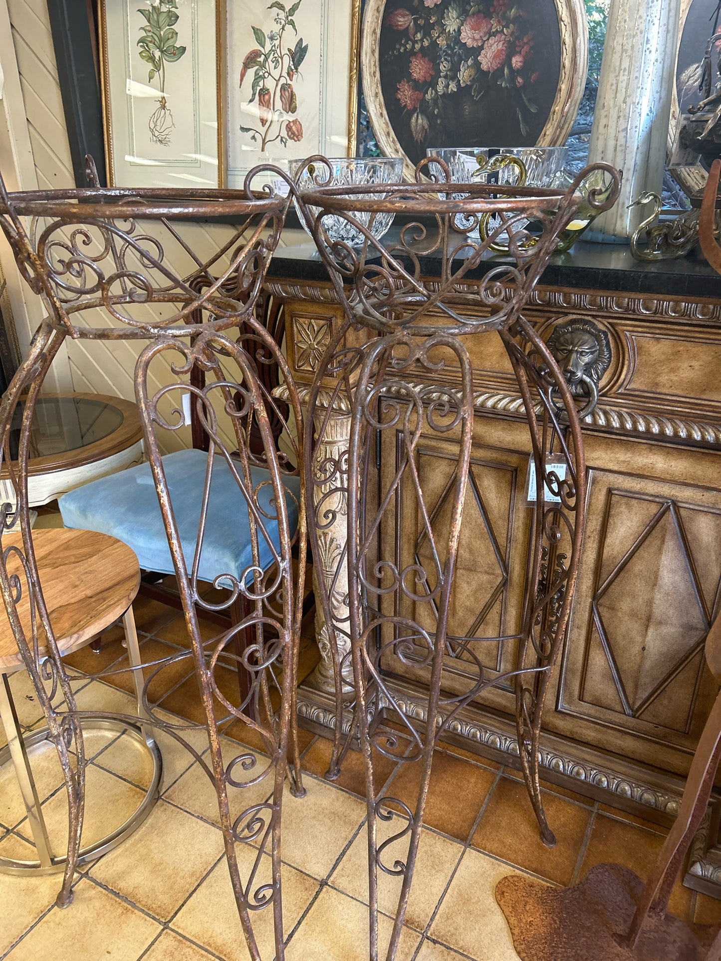 PAIR - Brown Metal Scroll Plantstands