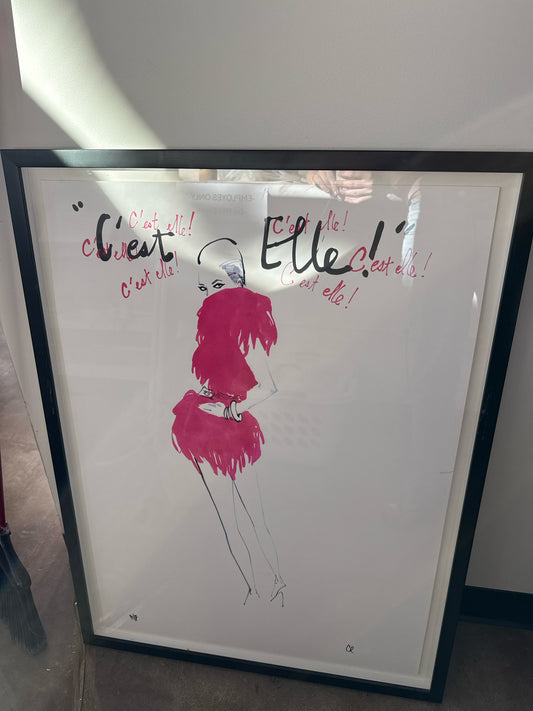 Signed Artist Proof "C'est Elle" Lady w/Pink Dress in Black Frame(27x36.5)