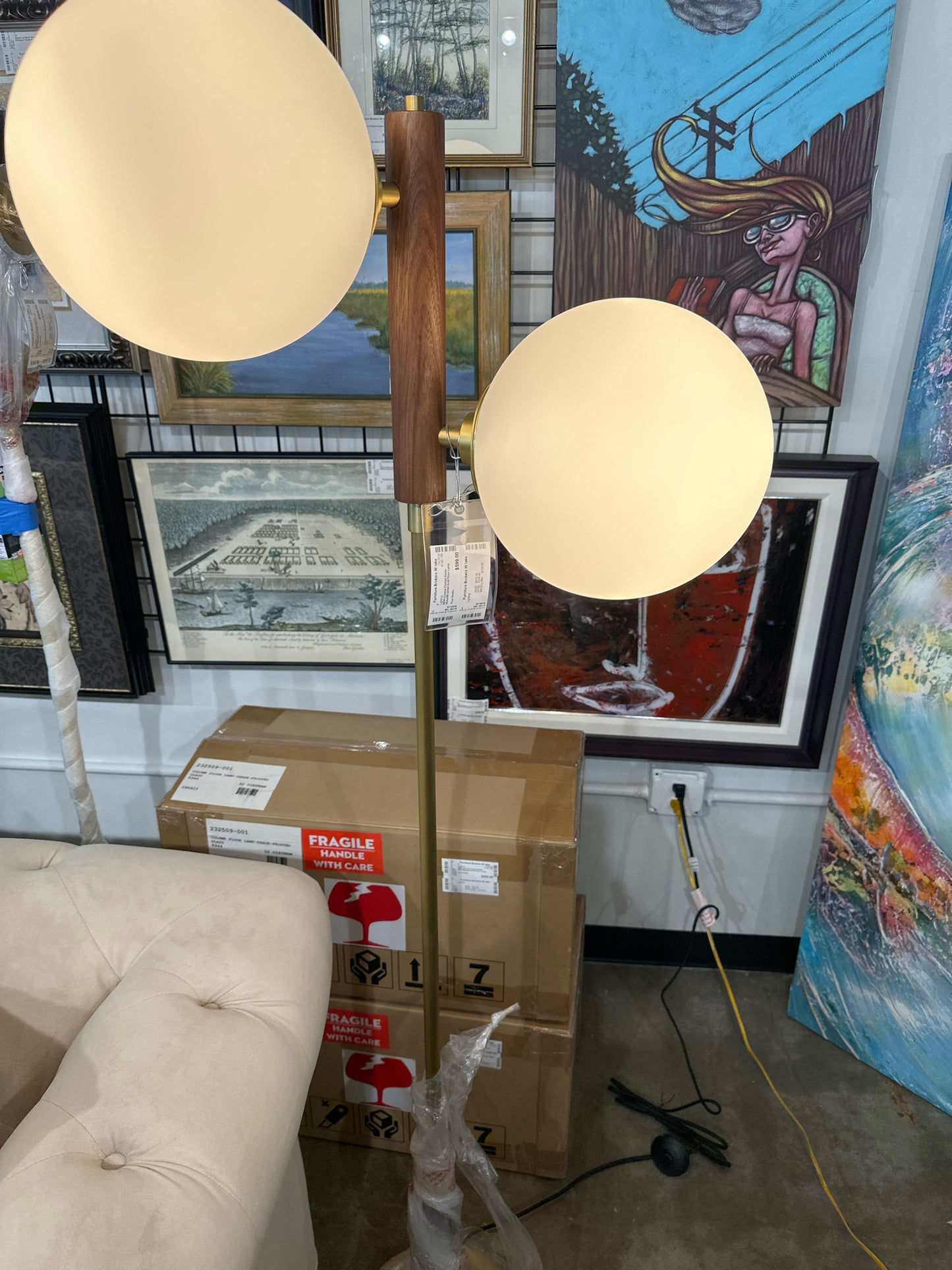 NEW-Colome Frosted Globe Wood/Brushed Gold Floor Lamp