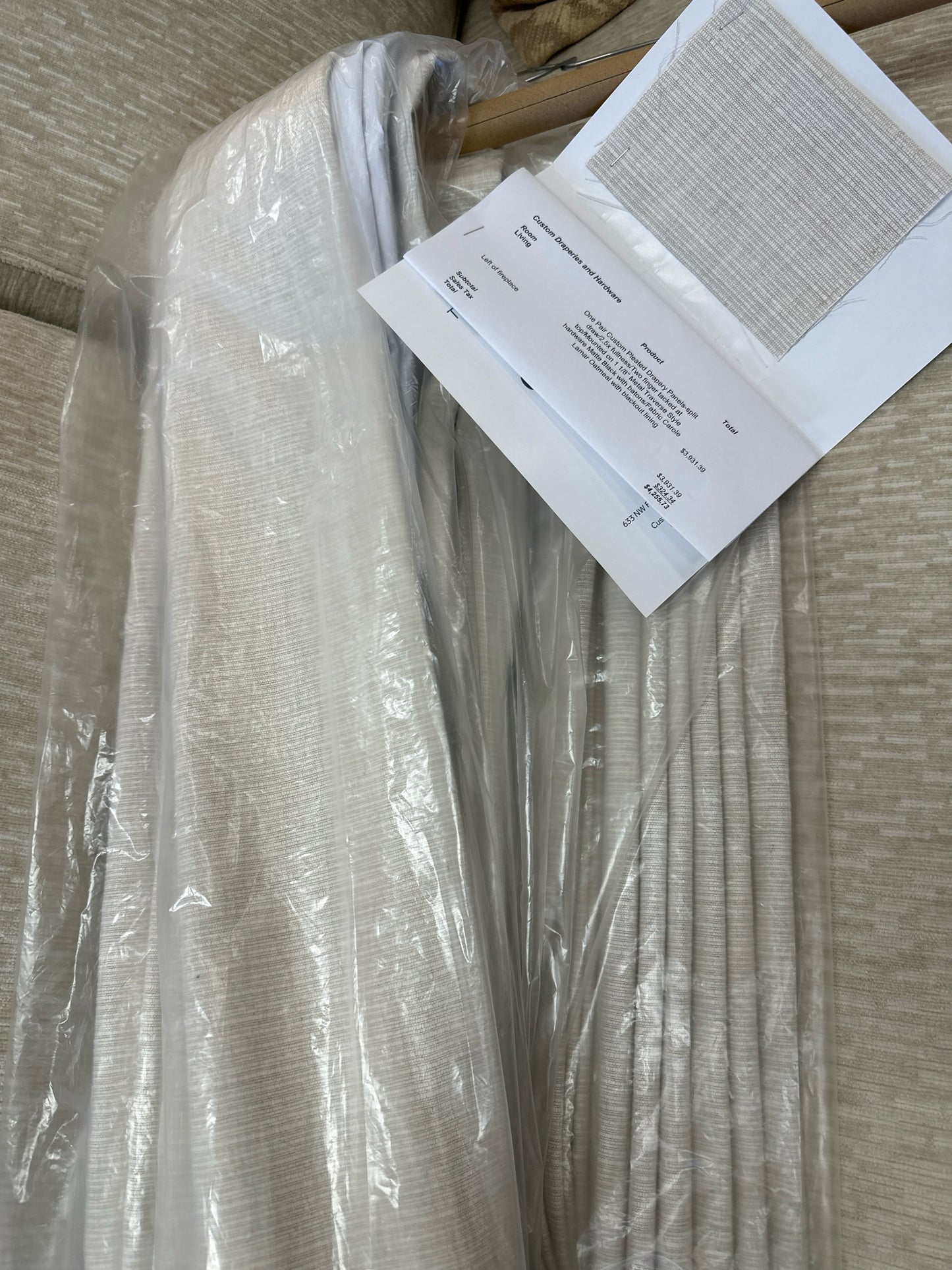 PAIR Custom Pleated 40 x 100 5/8 Each Panel Oatmeal Carole Fabric
