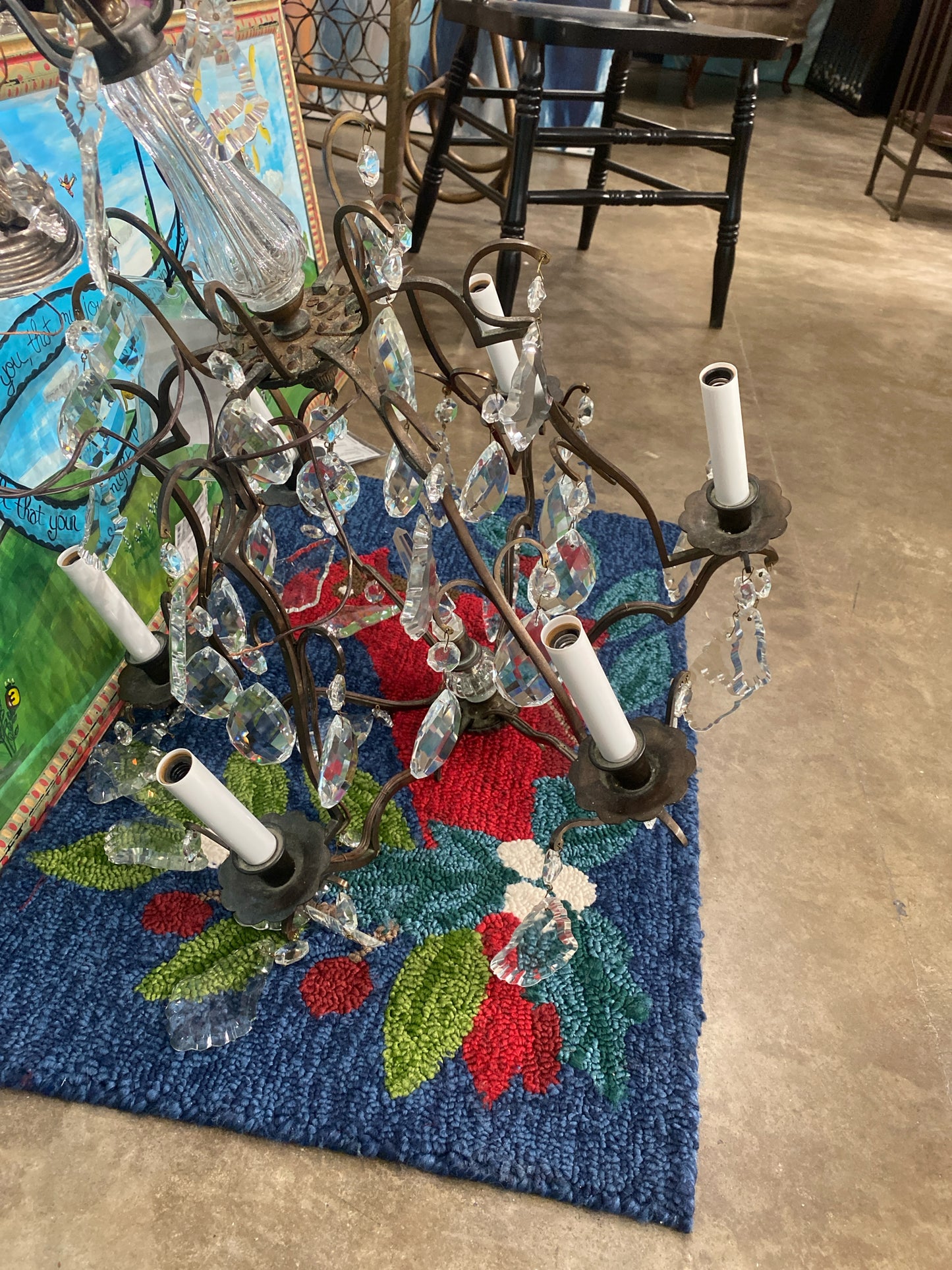 Vintage Iron/ Crystal Chandelier w/ Light Bulbs and Crystals (At Desk)