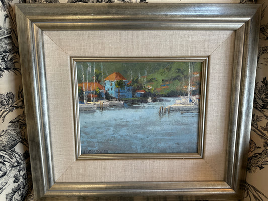 Original Oil Painting of Boat Harbor (signed J. Broussard, 17" x 15")