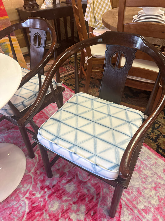 PAIR of Chinoiserie Lounge Chairs with Blue/White Shibori Cushions