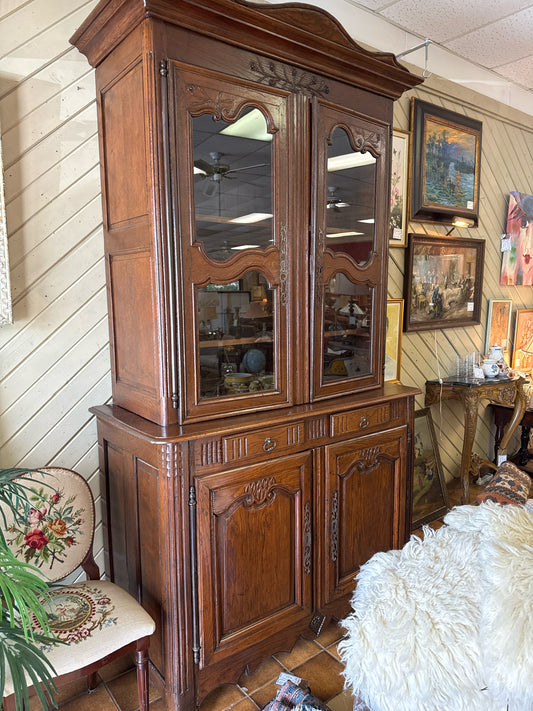 Vintage Dark Wood China Cabinet Hutch with Glass Upper Doors (comes with key)