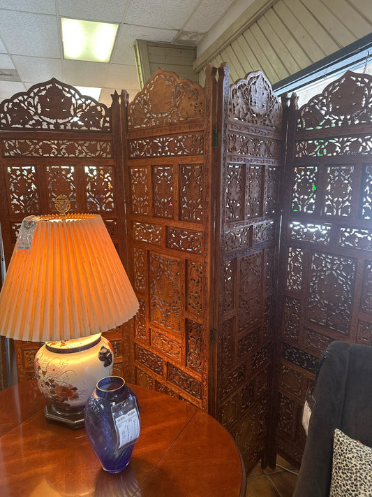 Vintage Carved Wood Four Panel Screen Divider