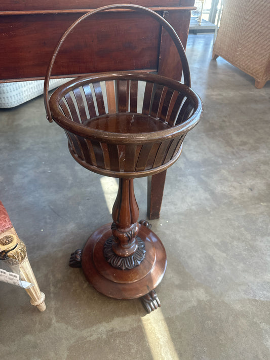 Antique Dark Wood Floor Plant Stand w/ Handle