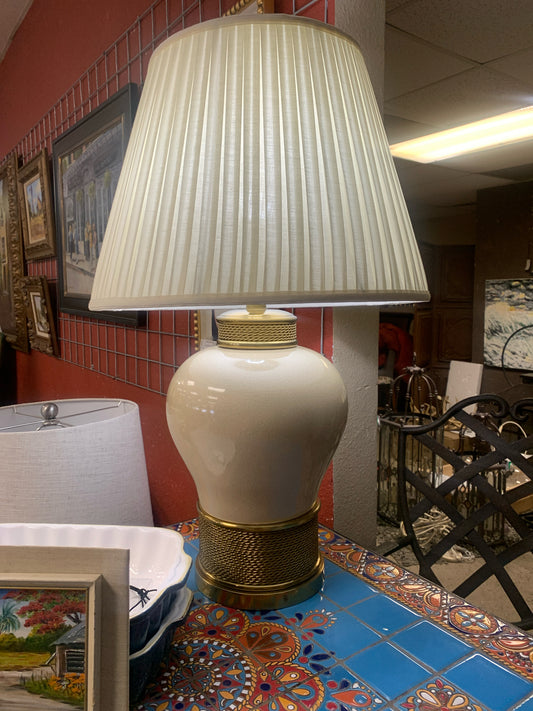 Paul Hanson -Vintage Brass & Crackle Beige Finish Table Lamp w/ Cream Shade