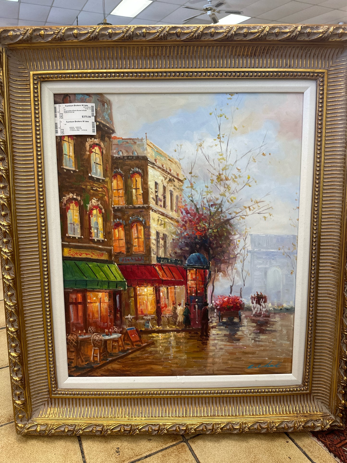 Original Oil of Paris Scene in Gold Frame 27.5 X 32