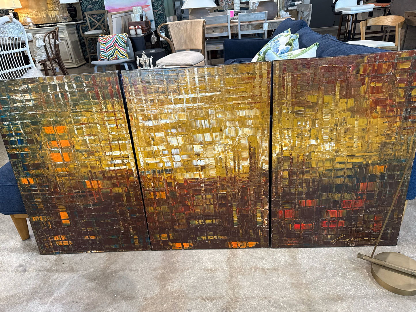 Set of 3 Original Oil Abstracts of Gold/Red/Black Cubes (signed, each 24x36")