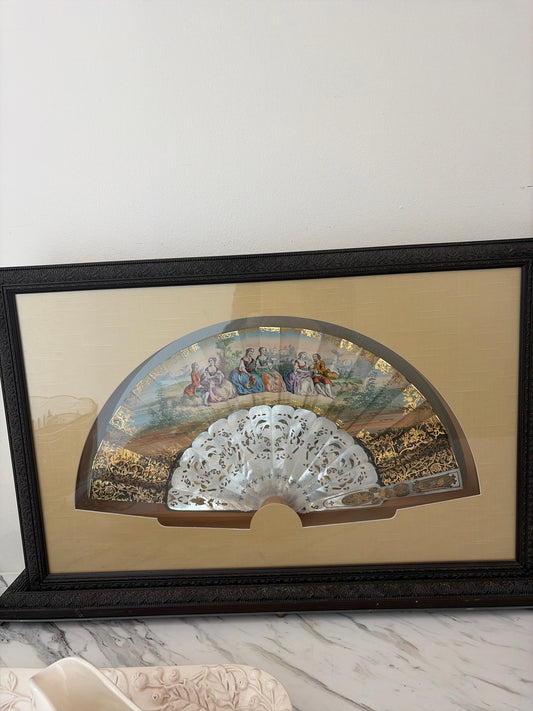 Antique European Framed Fan on Carved Wood Stand