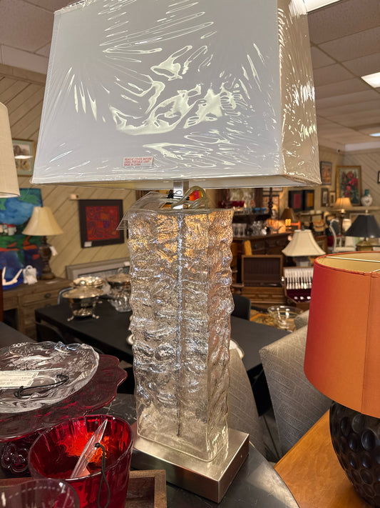 Clear Glass Lamp, Silver Base w/ White Shade 29"