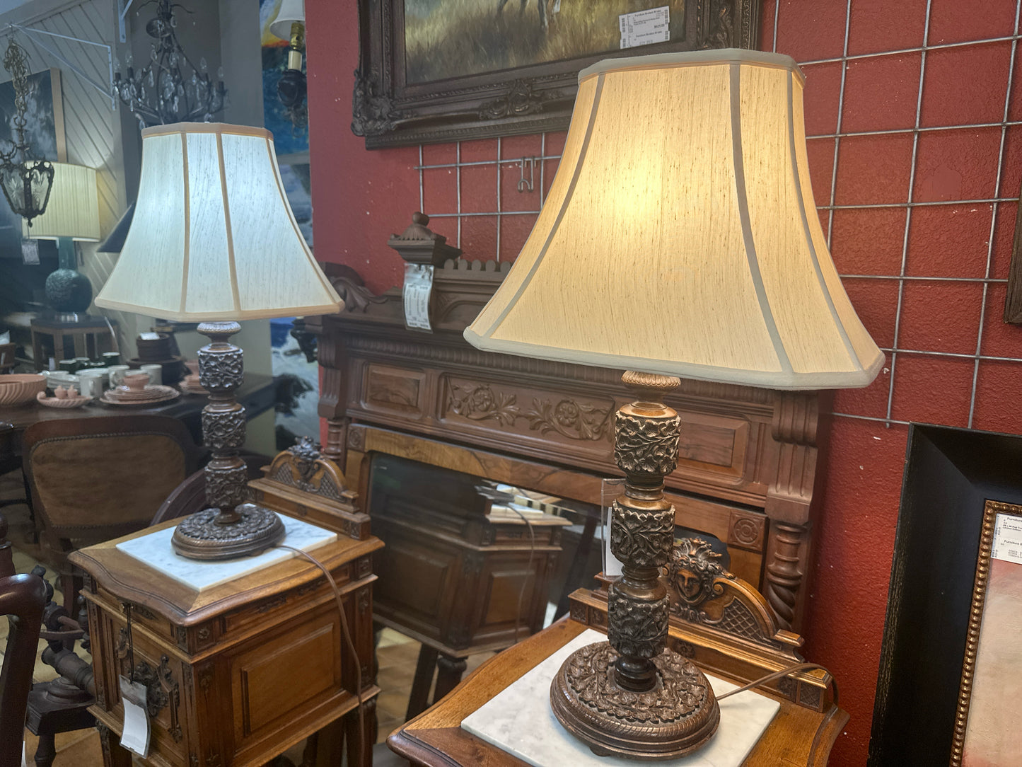 PAIR Carved Wood Vintage Lamps