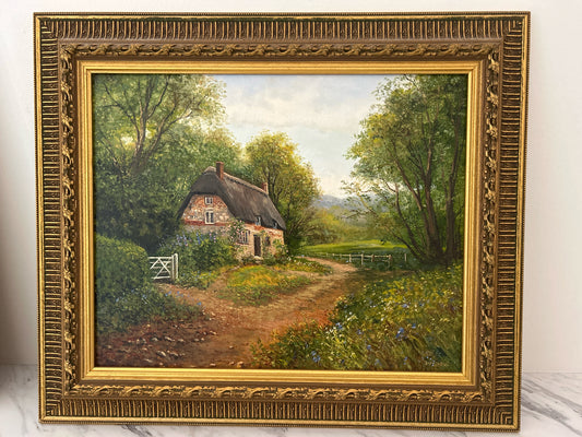 English Thatch Roof Cottage by Peter Snell Signed in Gold Frame
