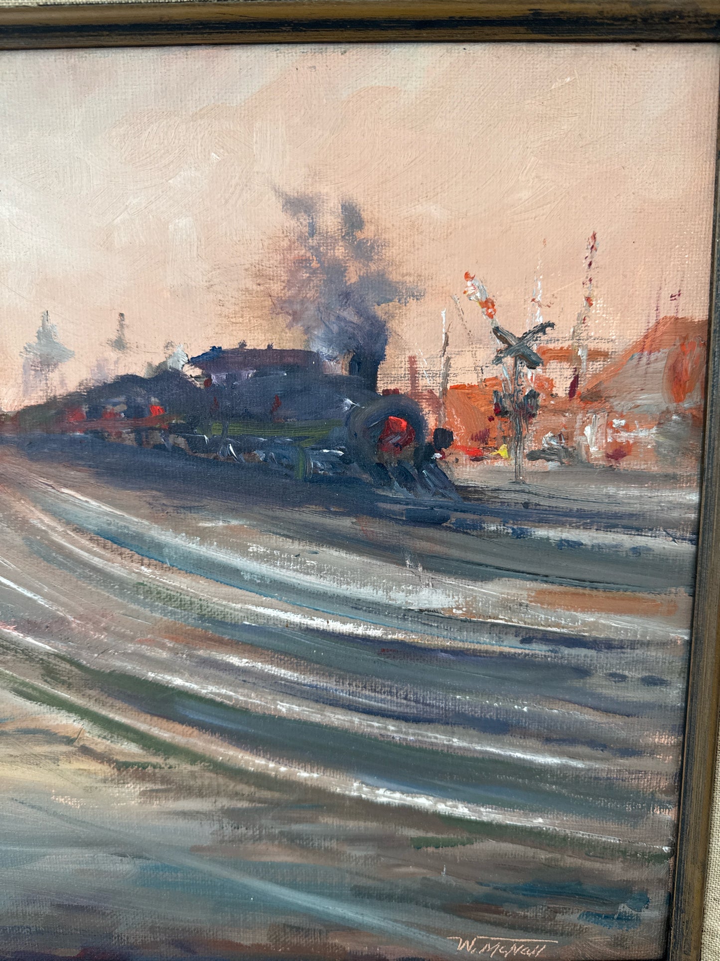 Original Oil Train Scene "Steaming To Go" by Walter McNall, 21 x 17"