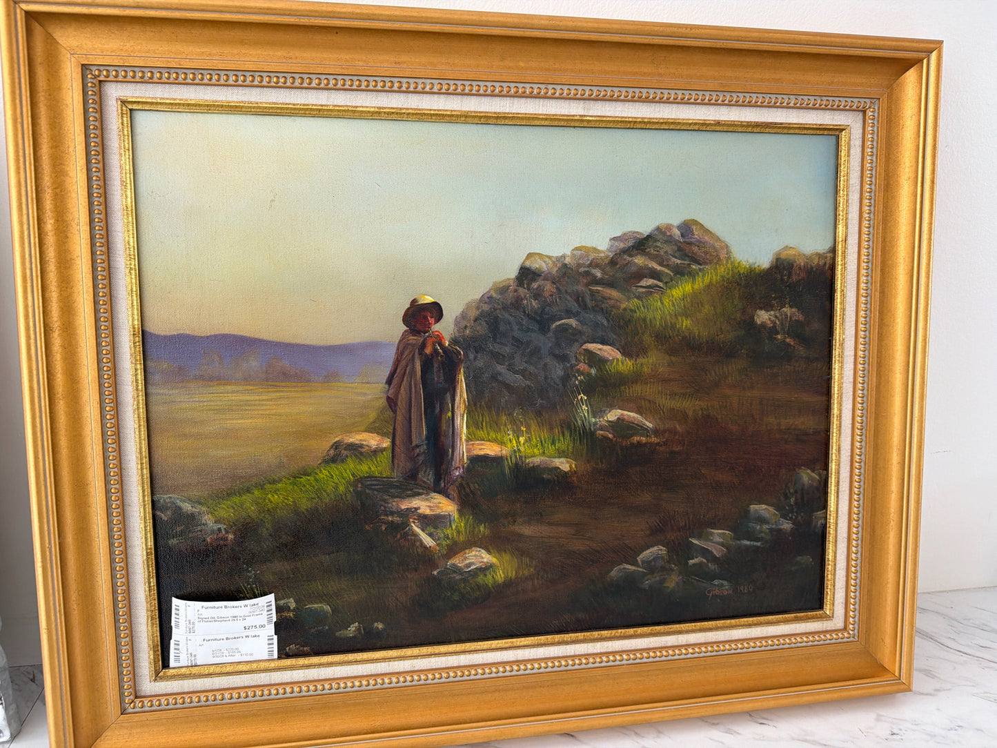 Signed Oil, Gibson 1980 in Gold Frame of Flutist/Sheperd 29.5 x 24