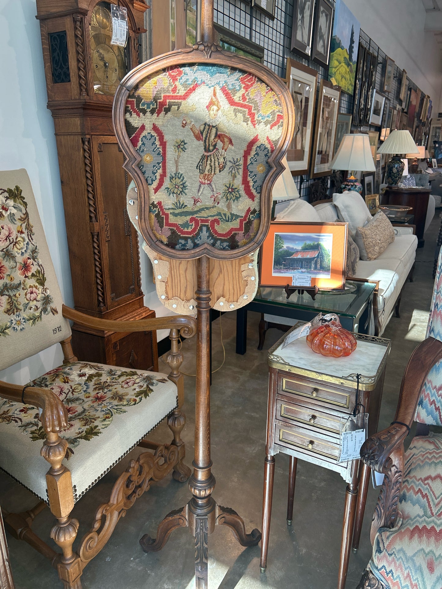 Antique Needlepoint Fireplace Screen Carved Wood Stand & Extra Screen