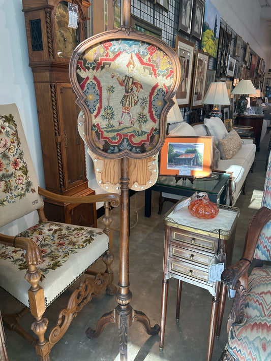 Antique Needlepoint Fireplace Screen Carved Wood Stand & Extra Screen