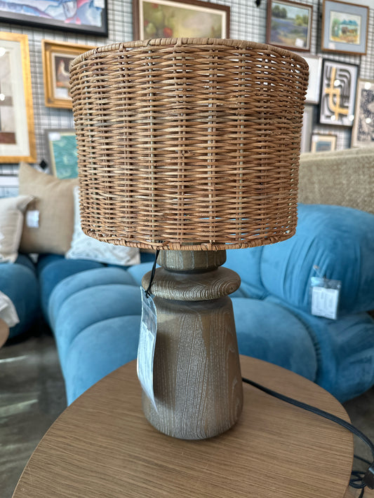 Four Hands Wood Lamp w/ Wicker Shade