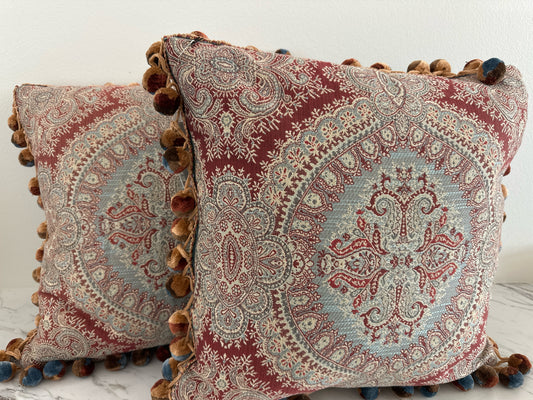 PAIR Custom Rust/Blue Pillows w/ Ball Fringe
