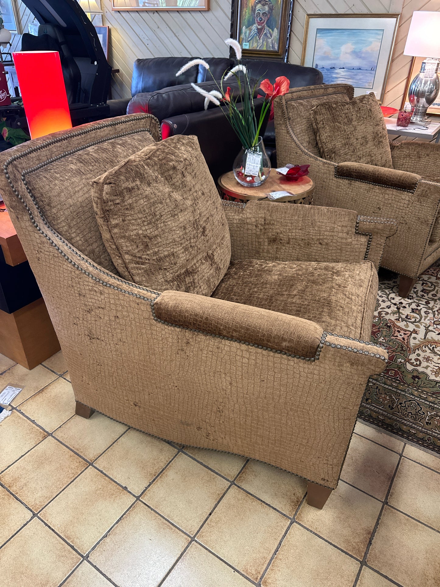 PAIR Brown Upholstered w/ Nailhead Trim Side Chairs