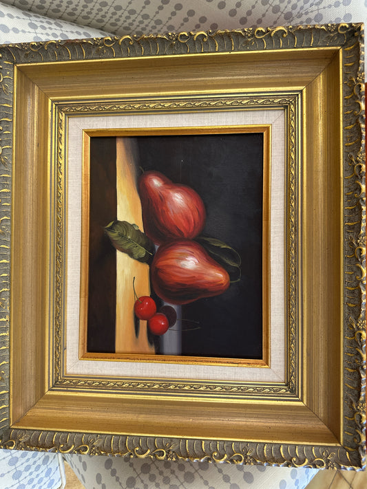 Still Life Pears w/ Cherries in Gold Frame 17 x 15