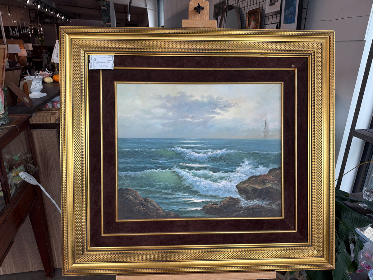 Ornate Gold frame 39"x34" (w ripped canvas) Original Oil of Seascape
