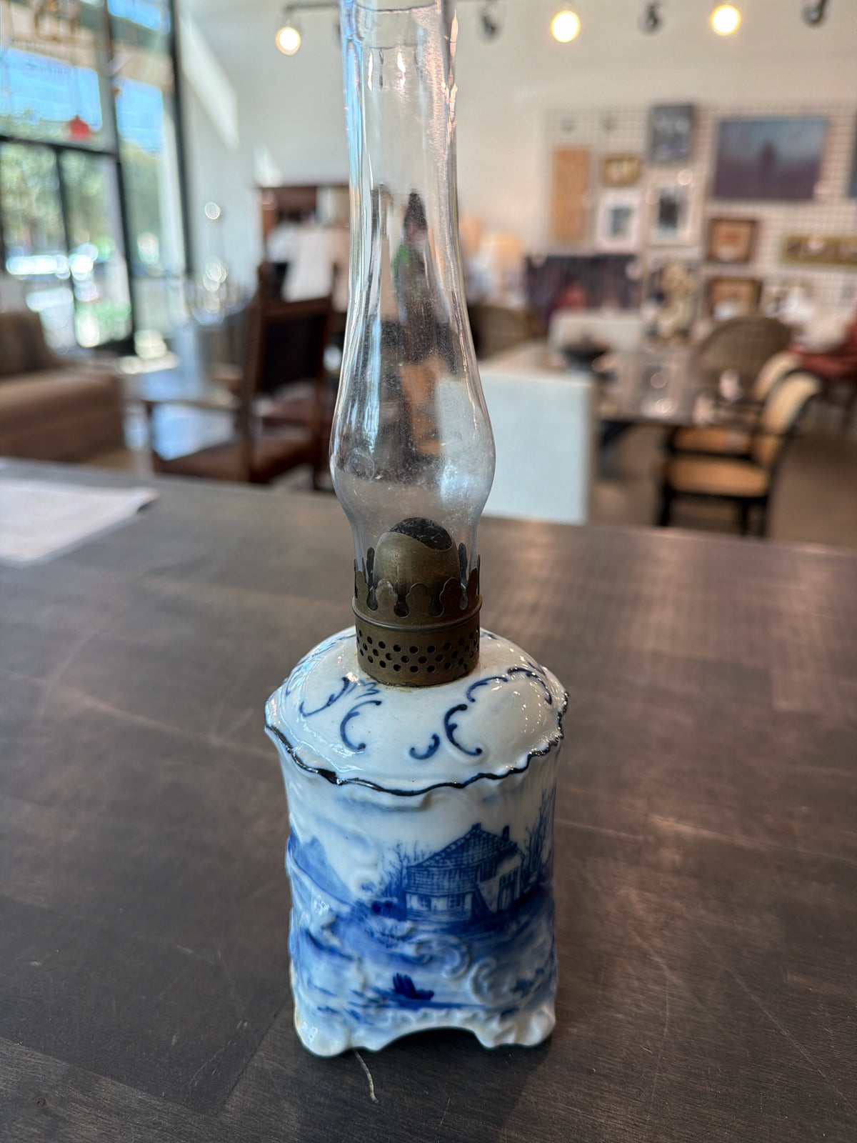 Victorian 1800'2 Delft Blue & White Oil Lamp-In Working Condition-Needs Wick
