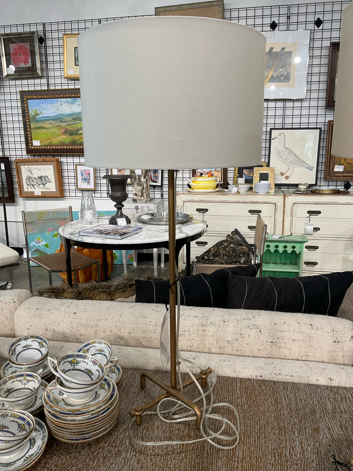 Slender Brass Stem Four Legged Table Lamp w/Linen Shade
