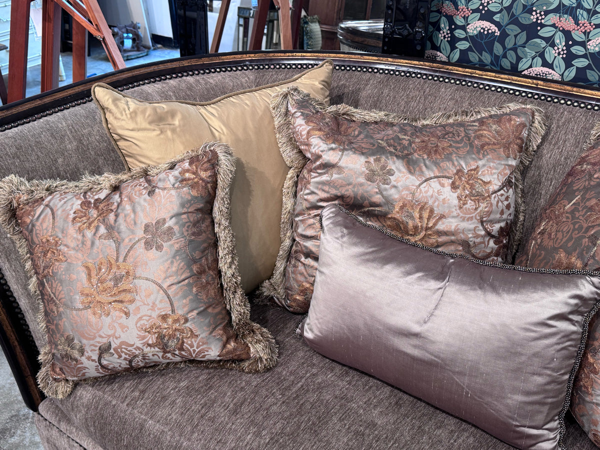 Marge Carson Brown Velvet Curved Sofa with Carved Wood w/ 7 Silk Pillows