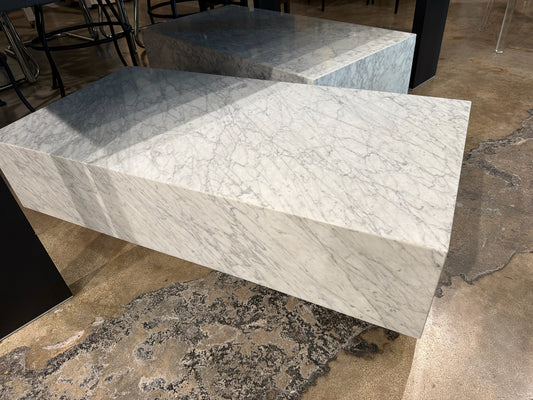 RH Marble "Plinth" Rectangle Waterfall  Coffee Table White/Grey