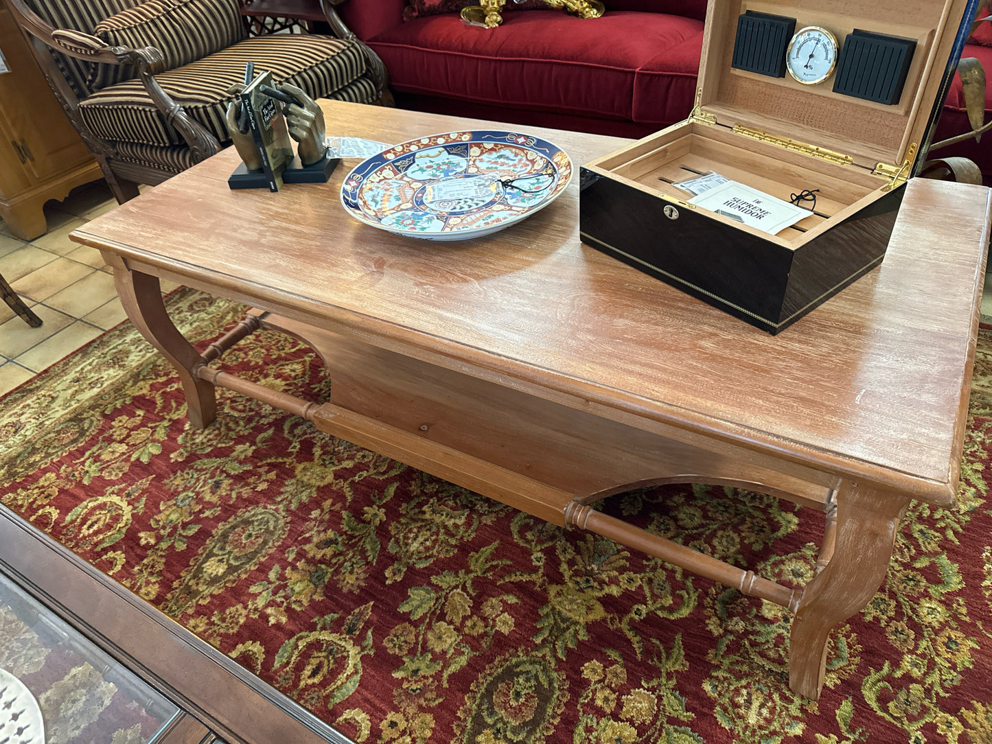 Large Rectangular Light Wood Coffee Table w/ Cut Out Lower Shelf