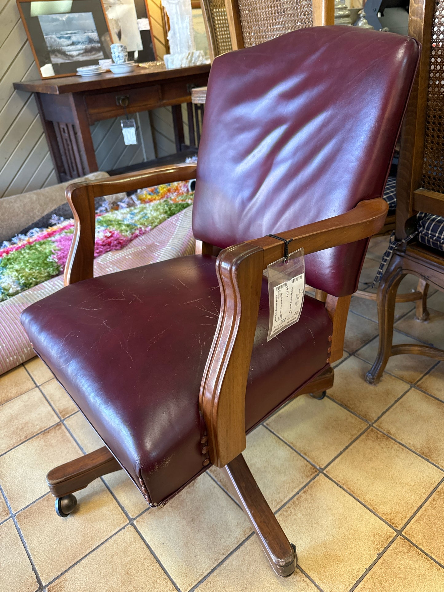 Antique Office Chair with Burgundy Leather