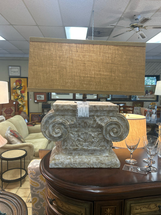 Cream Lamp Wood/Plaster With Burlap Shade 28"T x 16" W x 9"D