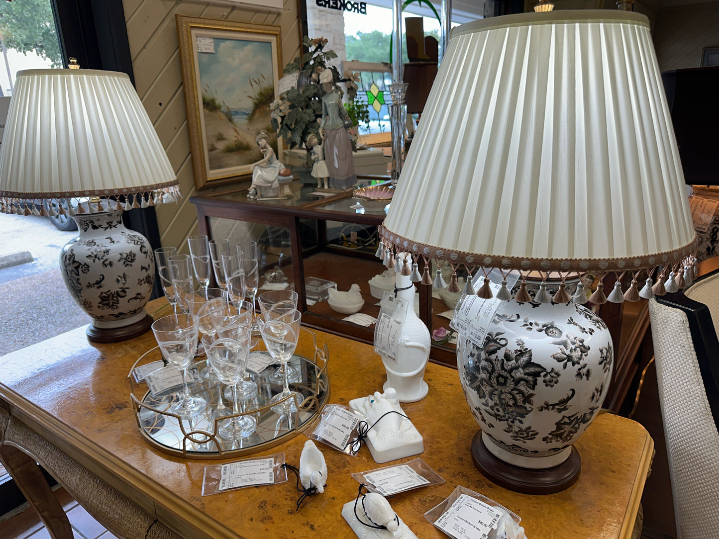 PAIR Black/White Lamps on Wood Bases w/ Tassel Shades