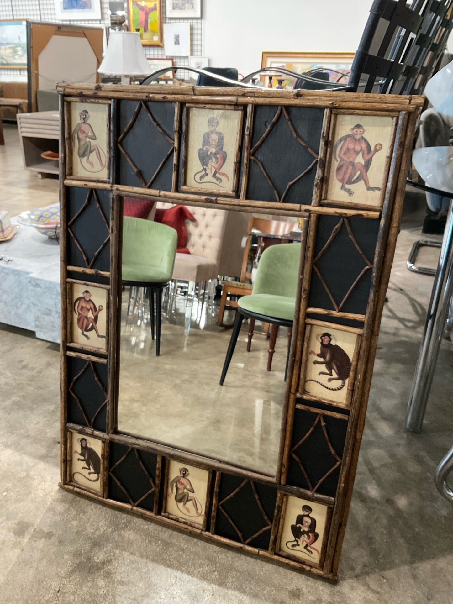 Whimsy Vintage Mirror w/ Wood Detail Frame and Monkeys