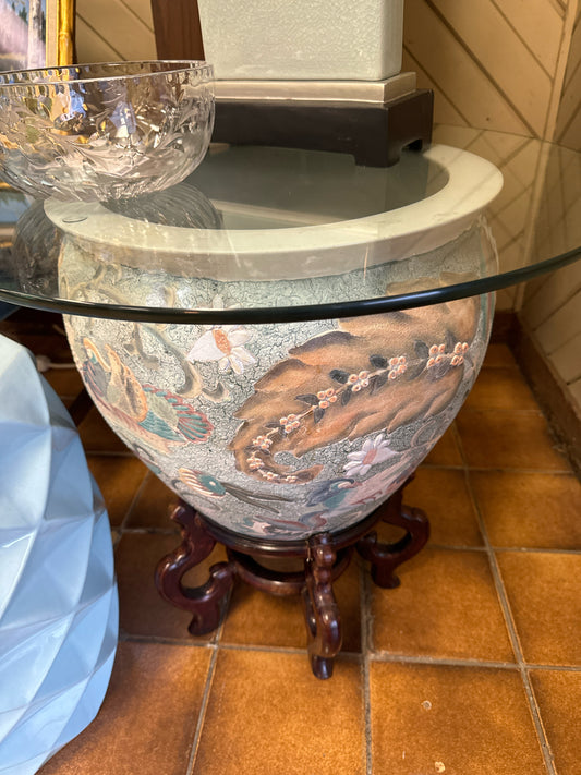 Chinoisorie Asian Hand Painted Pot with Wood Base and Glass Top