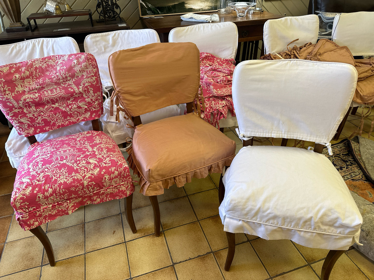 SET of 8 Chairs w/ White Slipcovers, 8 Silk Pink & 8 White/Pink Asian Slip Cover