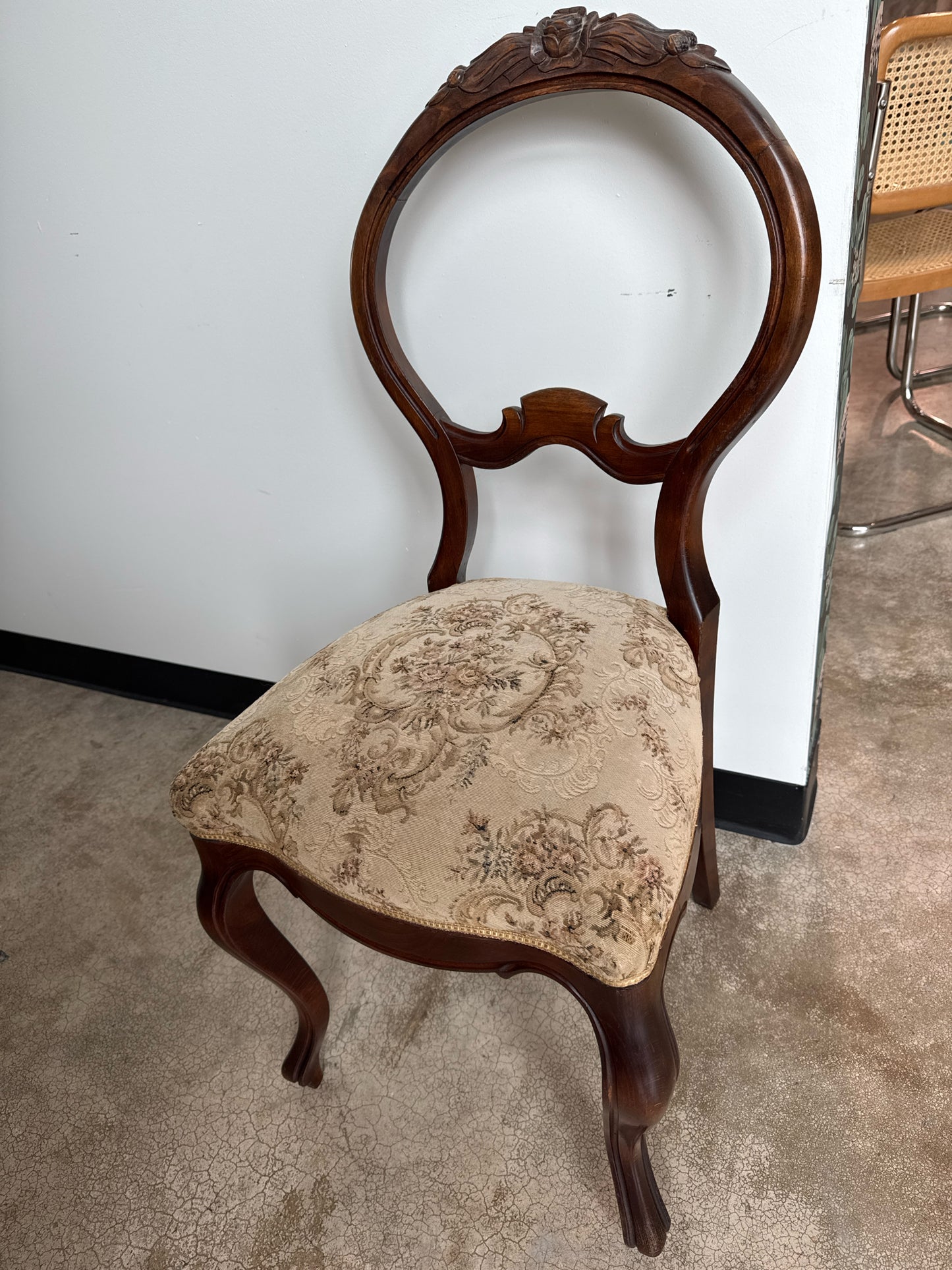 Antique Victorian Carved Walnut Chair with Original Tapestry Seat