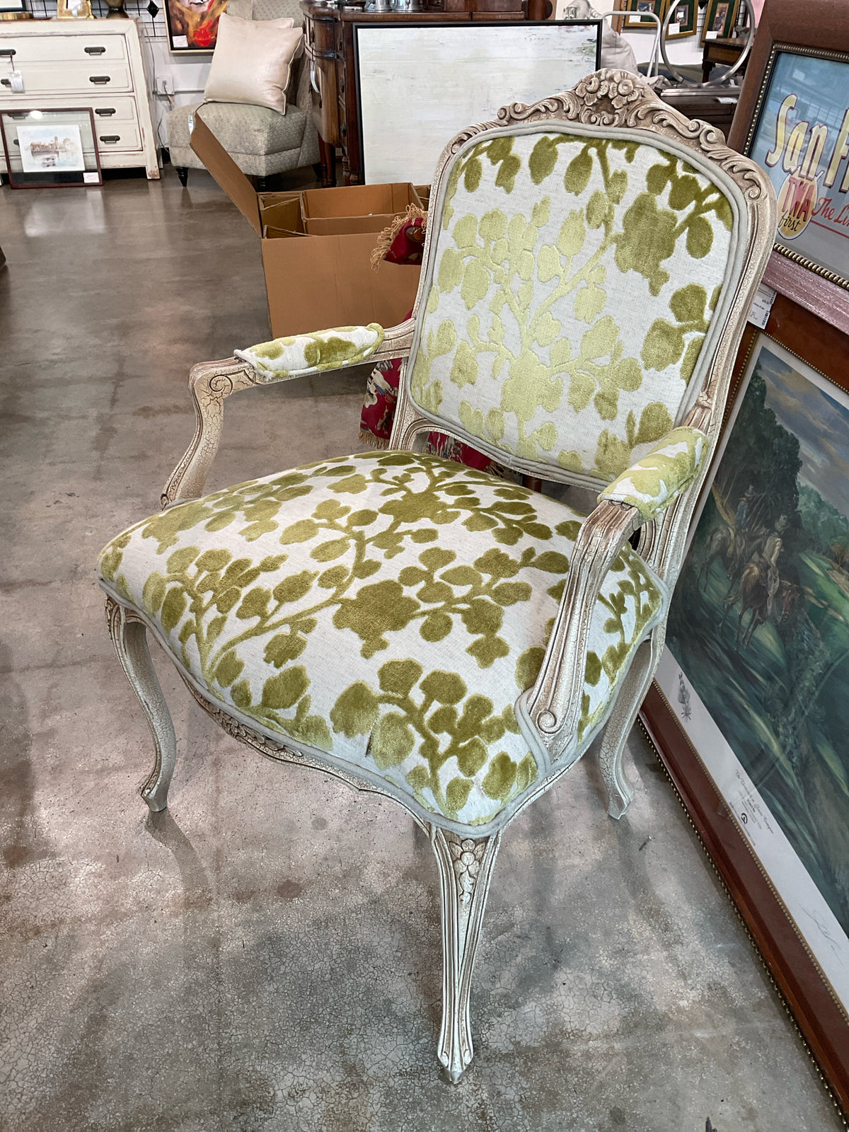 Vintage Provincial/Louis XV Style Accent Arm Chair, Floral Motif on Linen