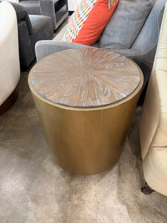 Classic Home Gold Drum Side Table Elm Wood Top 22"d