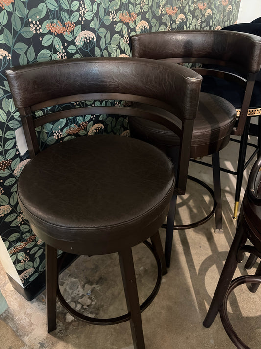 Pair Brown Leather Swivel Counter Stools