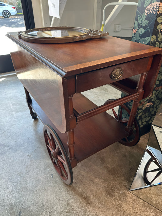 Vintage Mahogany Drop Leaf Teacart with Removeable Glass Shelf on Wheels