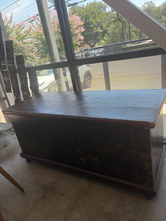 Antique Scandinavian Painted Floral Wood Trunk from Custom House(56x23x25)