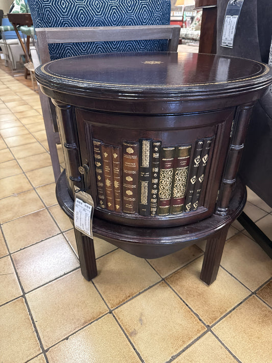Round Side Table Dark Wood w/ Books Surround & Interior Cabinet