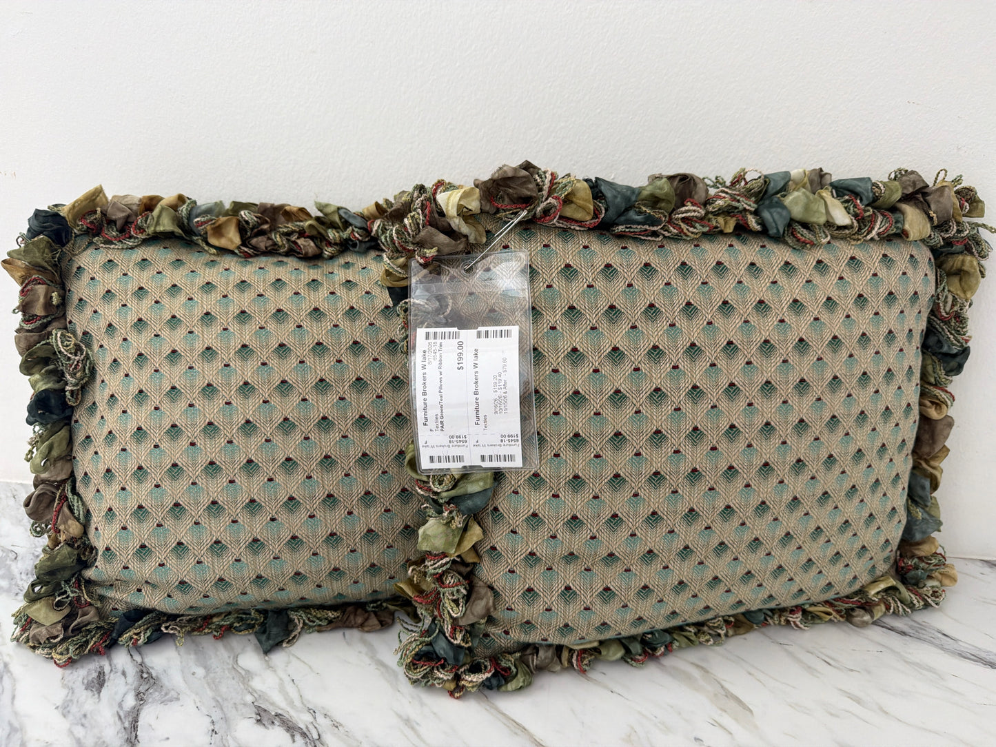 PAIR Green/Teal Pillows w/ Ribbon Trim