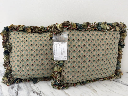 PAIR Green/Teal Pillows w/ Ribbon Trim