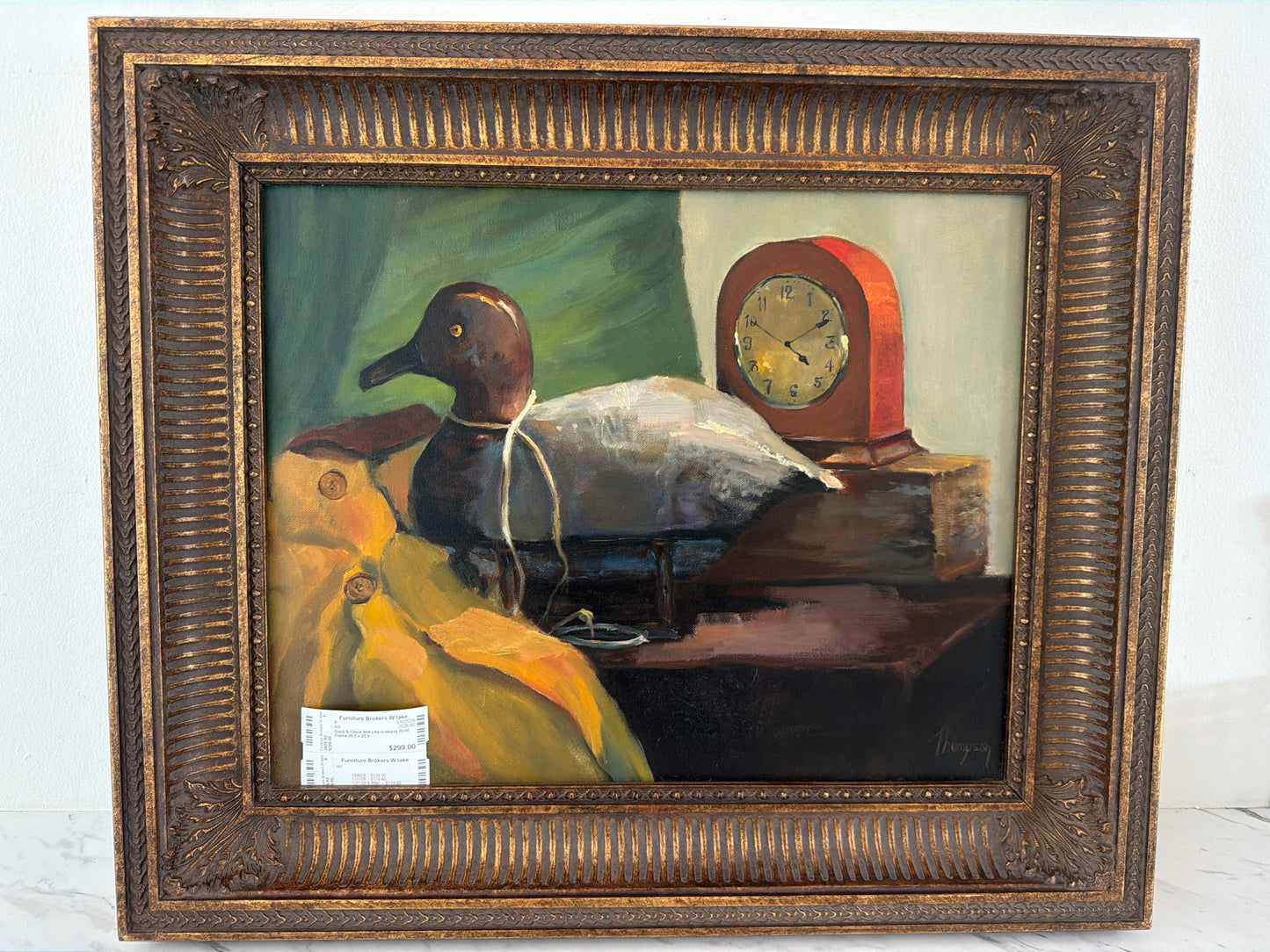 Duck & Clock Still Life in Heavy Gold Frame 26.5 x 22.5