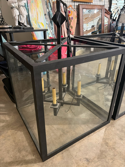 28"Square Large Black Metal/Glass Cage 4 Light Chandelier