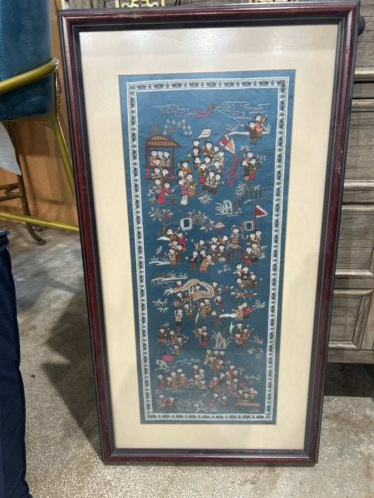 Framed Asian Embroidery Panel - Blue